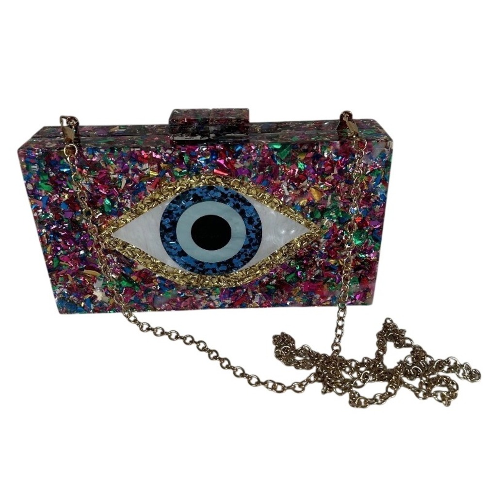 Evil Eye Acrylic Box Clutch Multi Color Confetti Glitter Crossbody Bag Chain